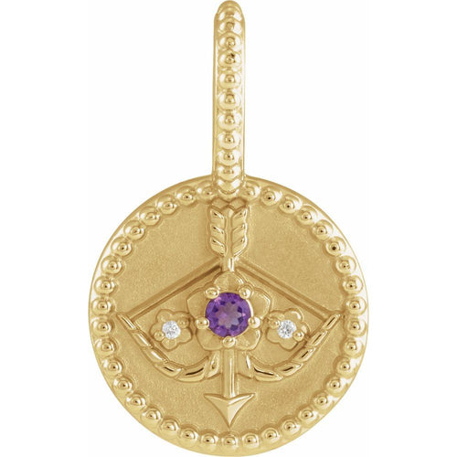 Zodiac Constellation Round Pendant Necklace - Sagittarius Diamond and Amethyst|Material:14K Yellow Gold