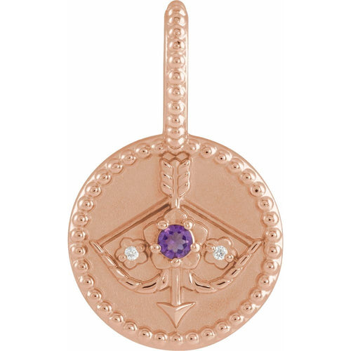 Zodiac Constellation Round Pendant Necklace - Sagittarius Diamond and Amethyst|Material:14K Rose Gold