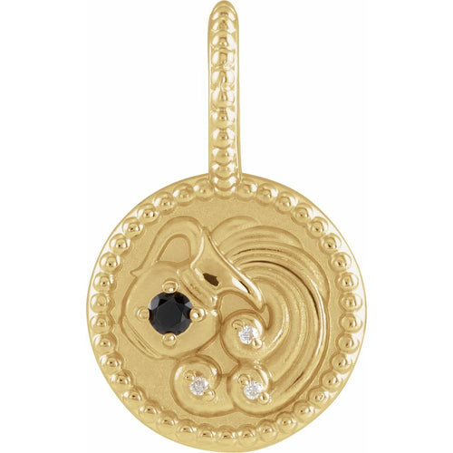Zodiac Constellation Round Pendant Necklace - Aquarius Diamond and Black Spinel|Material:14K Yellow Gold
