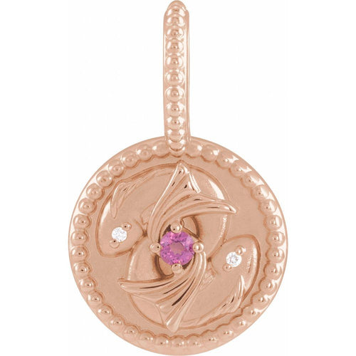 Zodiac Constellation Round Pendant Necklace - Pisces Diamond and Rhodolite Garnet|Material:14K Rose Gold