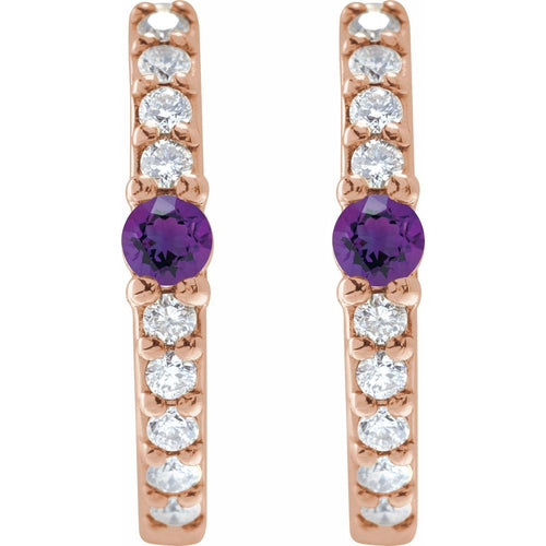 Amethyst and Diamond Huggie Earrings|Material:14K Rose Gold