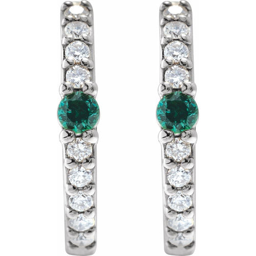 Emerald and Diamond Huggie Earrings|Material:14K White Gold