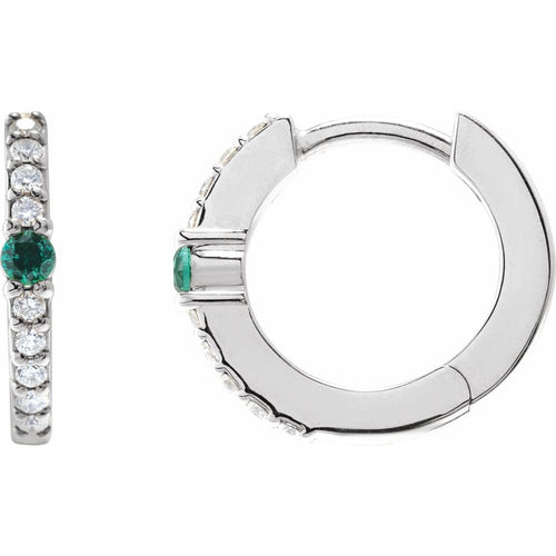 Emerald and Diamond Huggie Earrings|Material:Platinum