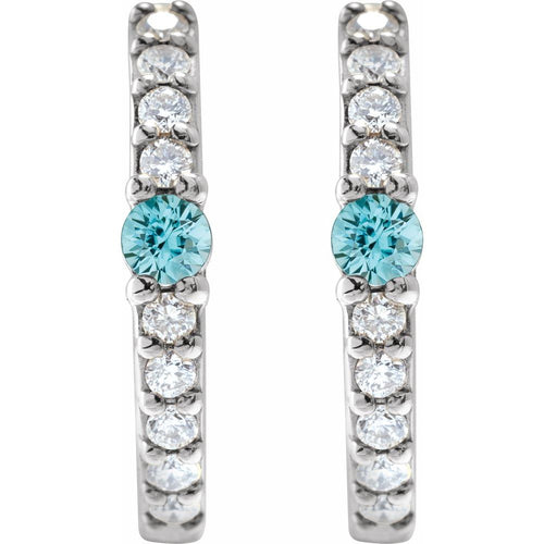 Blue Zircon and Diamond Huggie Earrings|Material:14K White Gold