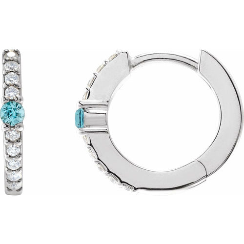 Blue Zircon and Diamond Huggie Earrings|Material:14K White Gold