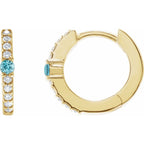 Blue Zircon and Diamond Huggie Earrings|Material:14K Yellow Gold