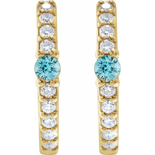 Blue Zircon and Diamond Huggie Earrings|Material:14K Yellow Gold
