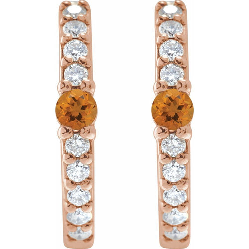 Citrine and Diamond Huggie Earrings|Material:14K Rose Gold