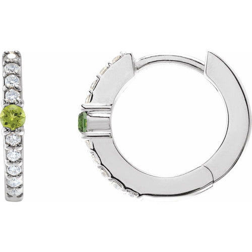 Peridot and Diamond Huggie Earrings|Material:14K White Gold
