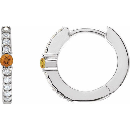 Citrine and Diamond Huggie Earrings|Material:14K White Gold