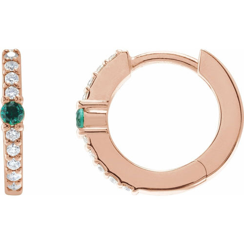 Emerald and Diamond Huggie Earrings|Material:14K Rose Gold