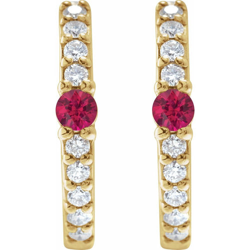 Ruby and Diamond Huggie Earrings|Material:14K Yellow Gold
