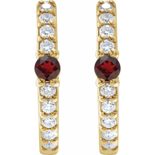 Garnet and Diamond Huggie Earrings|Material:14K Yellow Gold