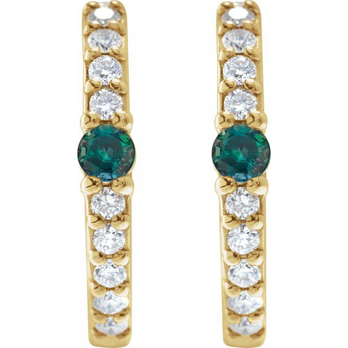 Alexandrite and Diamond Huggie Earrings|Material:14K Yellow Gold