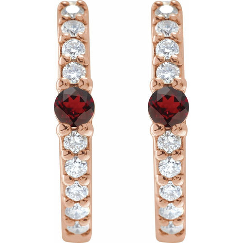 Garnet and Diamond Huggie Earrings|Material:14K Rose Gold
