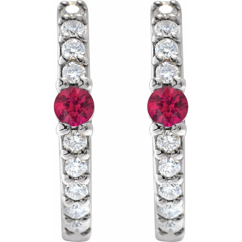 Ruby and Diamond Huggie Earrings|Material:14K White Gold