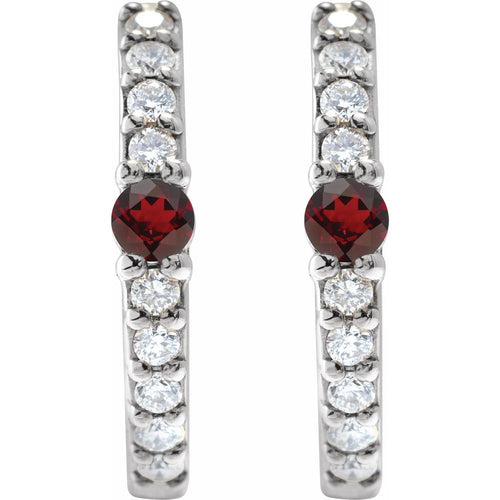 Garnet and Diamond Huggie Earrings|Material:14K White Gold