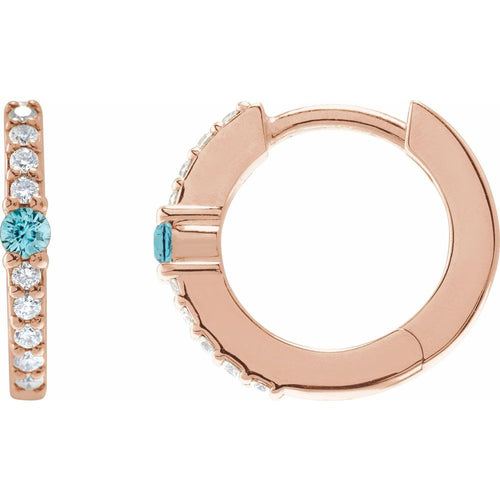 Blue Zircon and Diamond Huggie Earrings|Material:14K Rose Gold