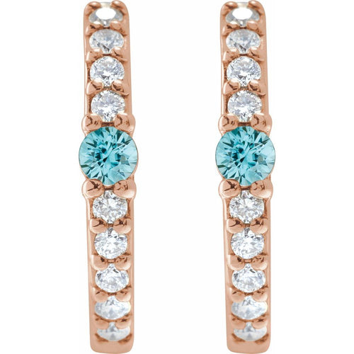 Blue Zircon and Diamond Huggie Earrings|Material:14K Rose Gold