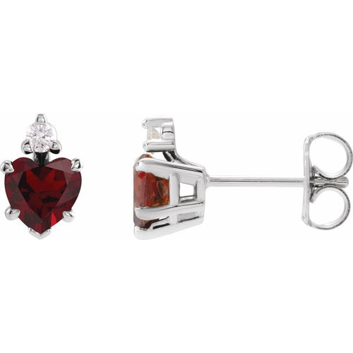 January Garnet and Diamond Heart Cut Earrings|Material:14K White Gold