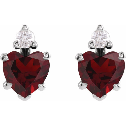 January Garnet and Diamond Heart Cut Earrings|Material:Platinum