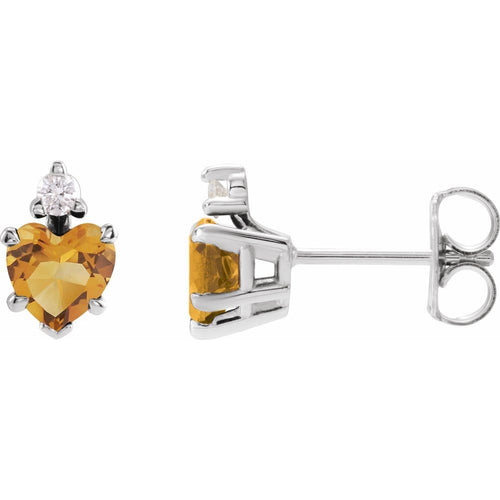 November Citrine and Diamond Heart Cut Earrings|Material:14K White Gold