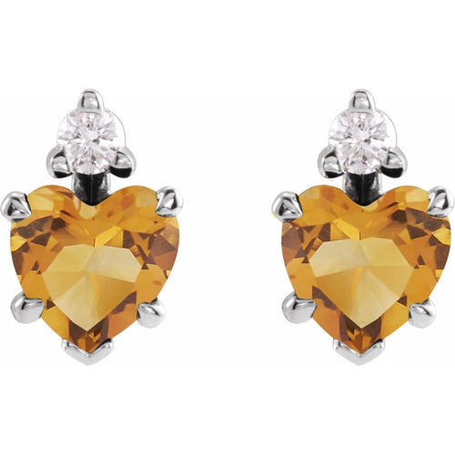 November Citrine and Diamond Heart Cut Earrings|Material:14K White Gold