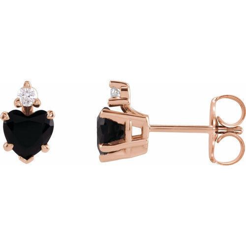 July Onyx and Diamond Heart Cut Earrings|Material:14K Rose Gold