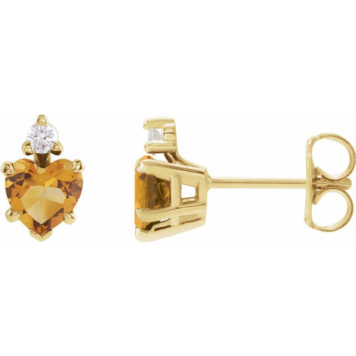 November Citrine and Diamond Heart Cut Earrings|Material:14K Yellow Gold