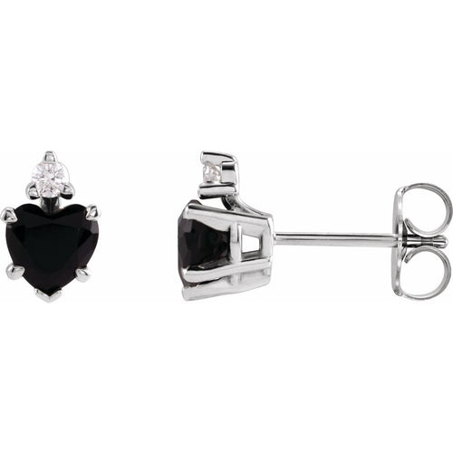 July Onyx and Diamond Heart Cut Earrings|Material:14K White Gold