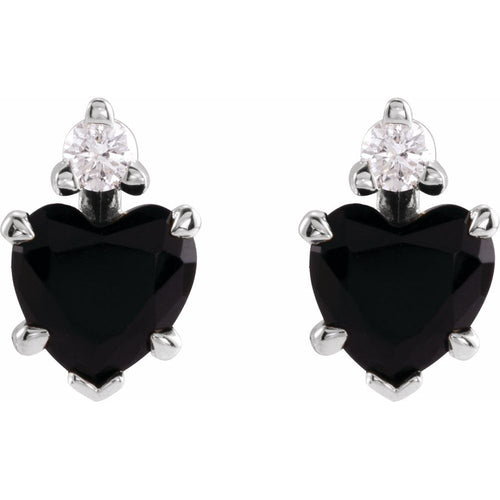 July Onyx and Diamond Heart Cut Earrings|Material:Platinum