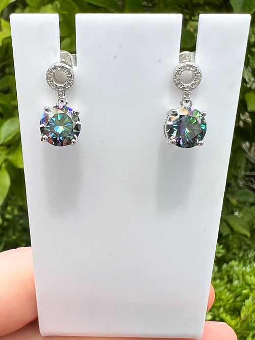 front view of the colorful 2 carat moissanite drop earrings in dazzling|Color:Dazzling