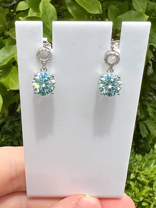 Front view of the colorful 2 carat moissanite drop earrings in turquoise|Color:Turquoise