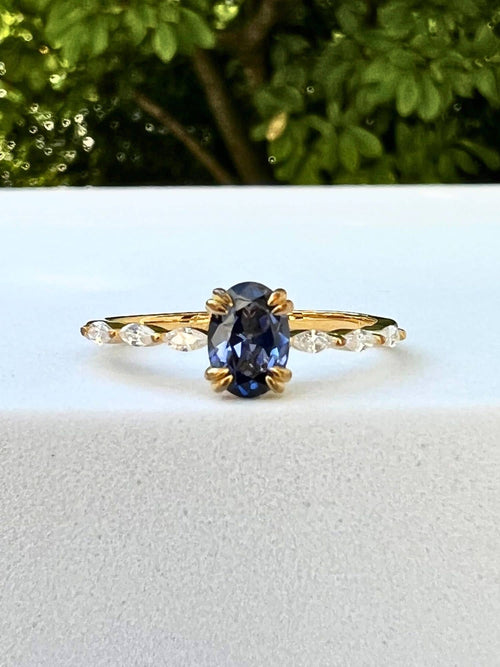 front view of ice blue sapphire ring