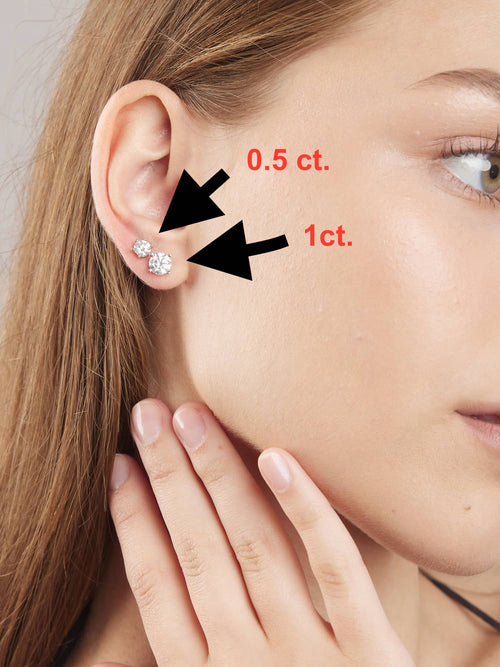 Model wearing the 0.5 carat and 1 carat moissanite stud earrings