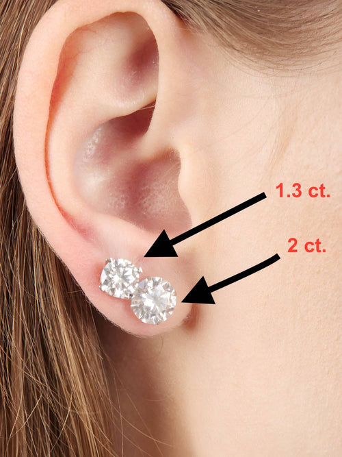Model wearing the 1.3 carat and 2 carat moissanite stud earrings