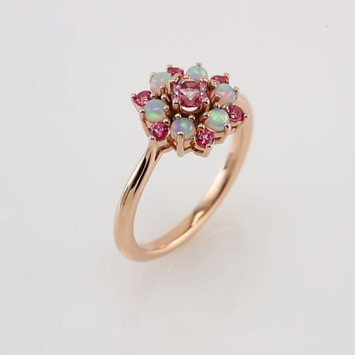 Pink Tourmaline and Ethiopian Opal Cabochon Ring|Material:14K Yellow Gold