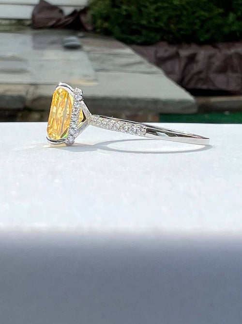side view of radiant hidden halo ring with large centered yellow gemstone|Color:Yellow
