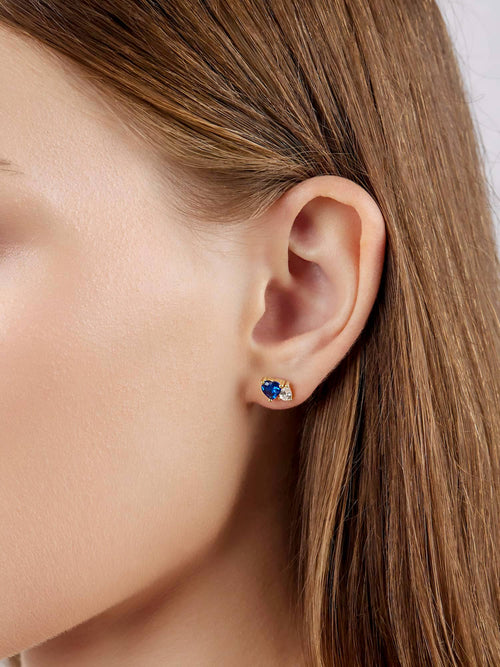Model wearing the two stone earrings with blue heart stone|Color:Blue