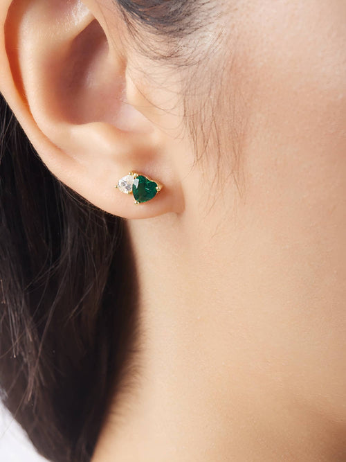 Model wearing the two stone earrings in green|Color:Green