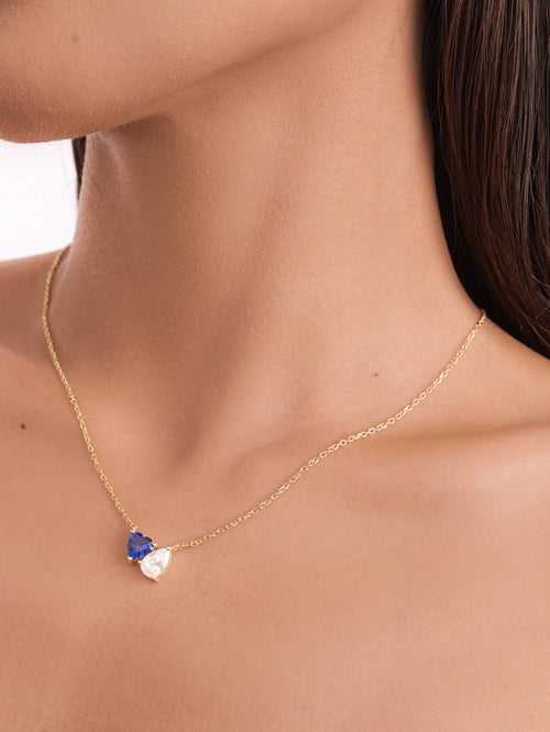 Model wearing the two stone necklace in blue|Color:Blue