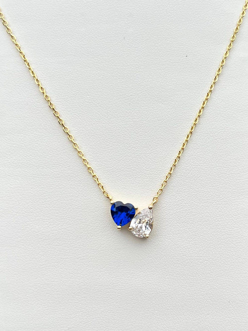 two stone necklace with blue heart in yellow gold|Color:Blue