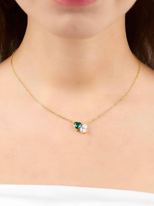 Model wearing the two stone necklace in green|Color:Green