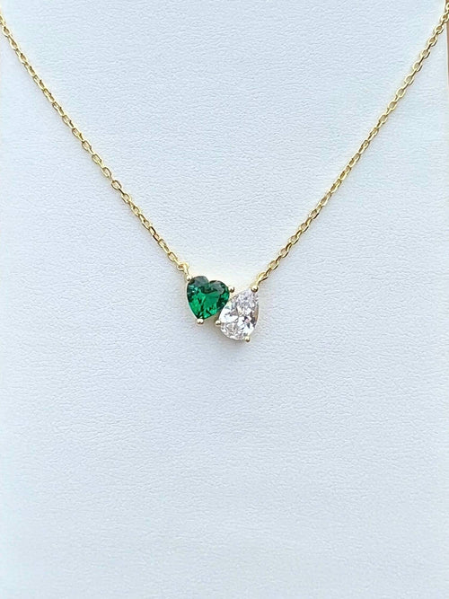 two stone necklace with green heart in yellow gold|Color:Green