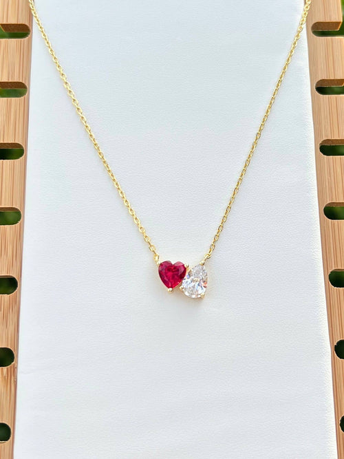 two stone necklace with red heart in yellow gold|Color:Red
