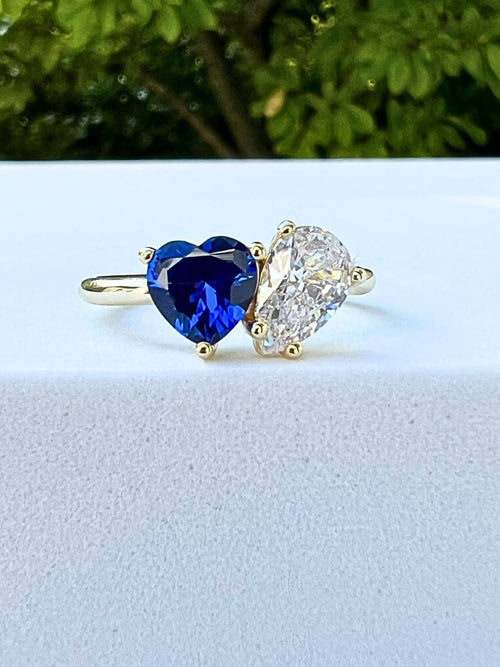 front view of two stone ring with blue heart in yellow gold|Color:Blue