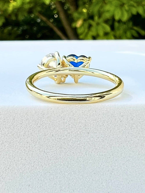 back view of the two stone ring with blue heart in yellow gold|Color:Blue