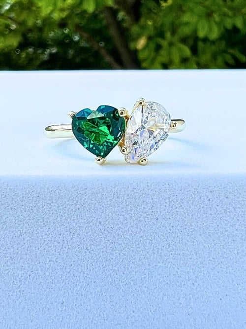 Front view of two stone ring with green heart in yellow gold|Color:Green