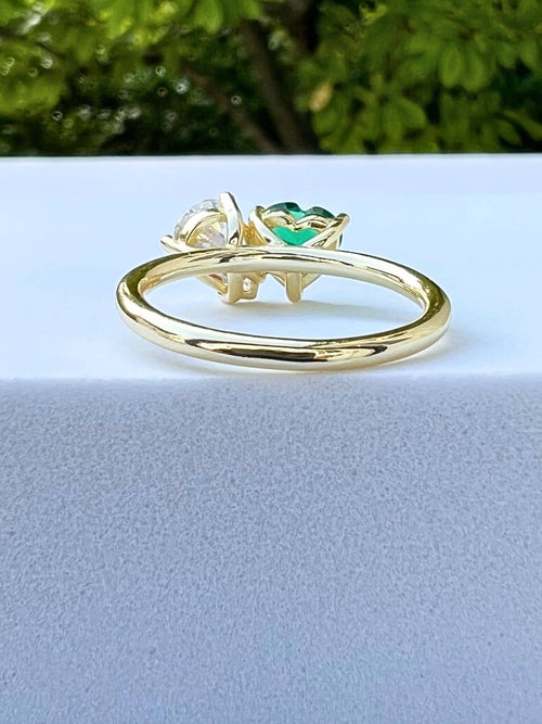 back view of two stone ring with green heart in yellow gold|Color:Green