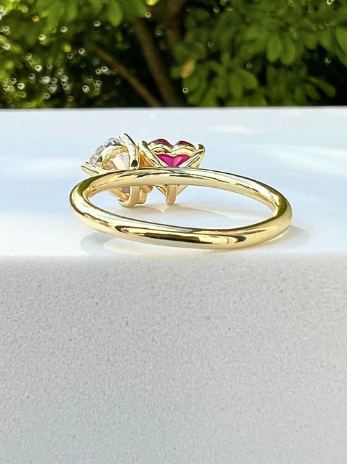 back view of two stone ring with red heart in yellow gold|Color:Red
